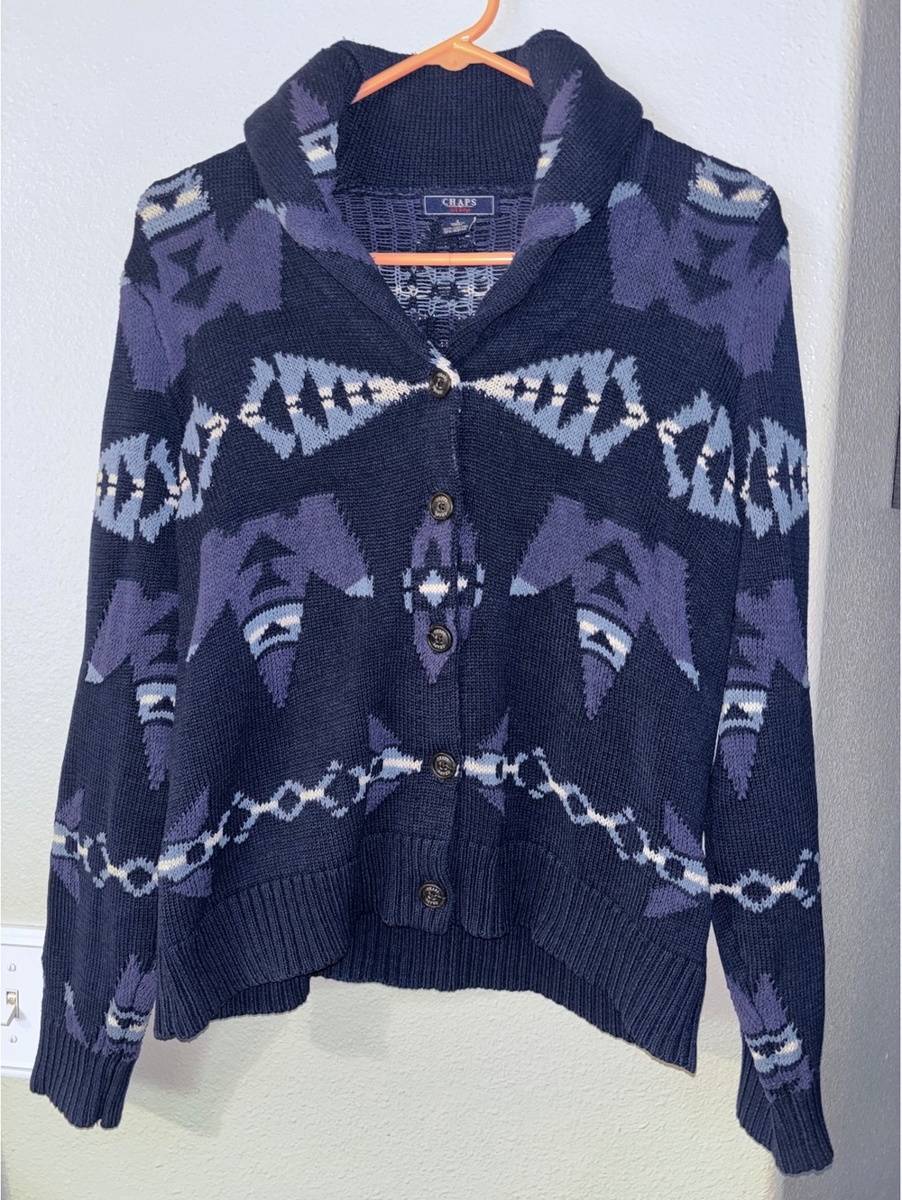 Vintage 90s Chaps Denim Blue Aztec Cardigan Sweater L